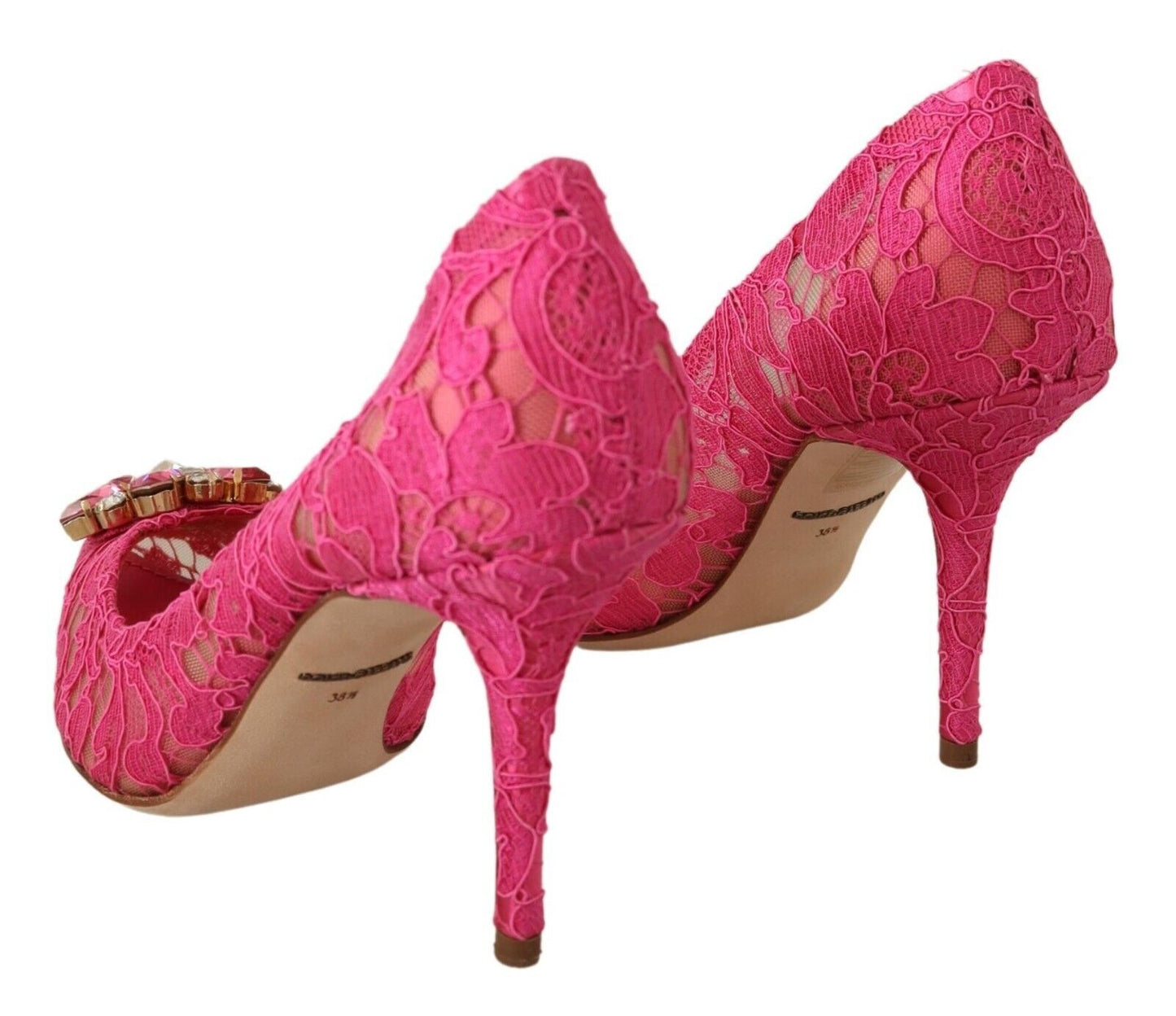 Crystal-Embellished Lace Heels in Pink