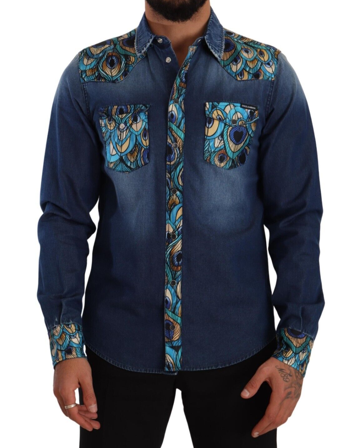 Peacock Print Cotton Denim Button-Down Shirt