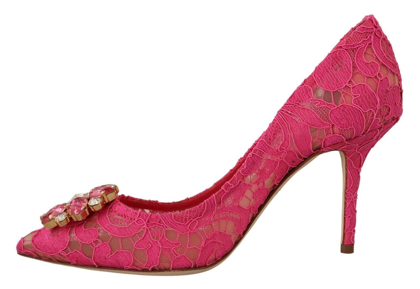 Crystal-Embellished Lace Heels in Pink