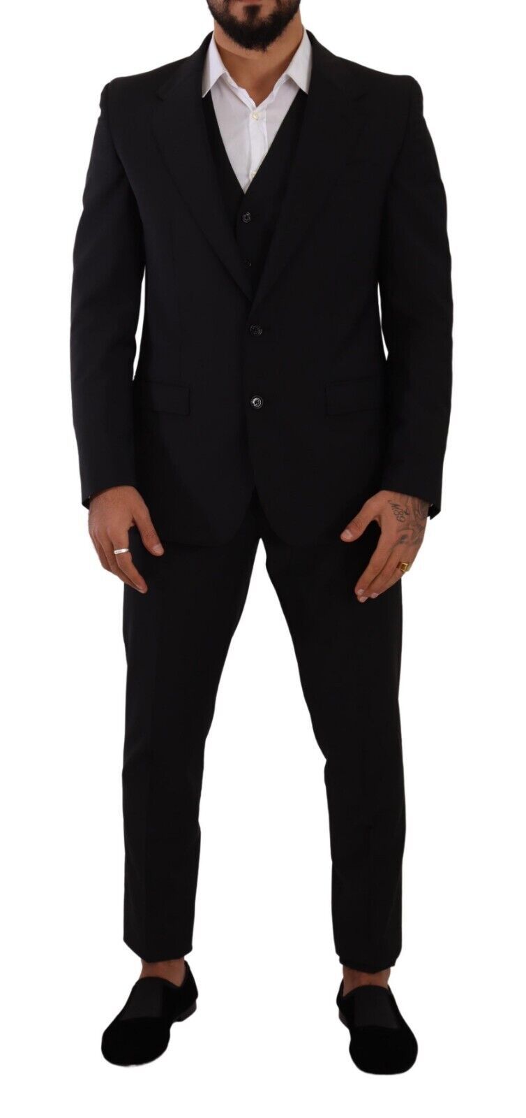 Elegant Black Martini Three-Piece Wool Suit