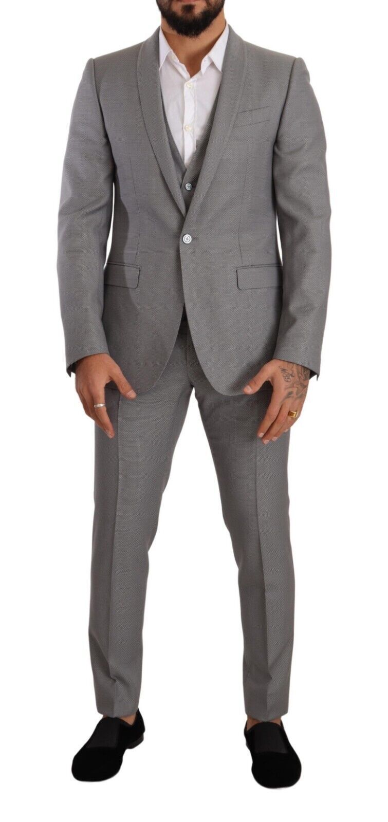 Elegant Grey Slim Fit Wool Silk 3 Piece Suit