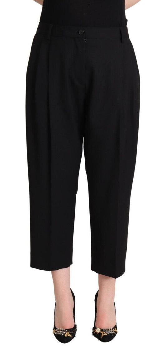 Black Mid Waist Trouser Straight Cropped Pants