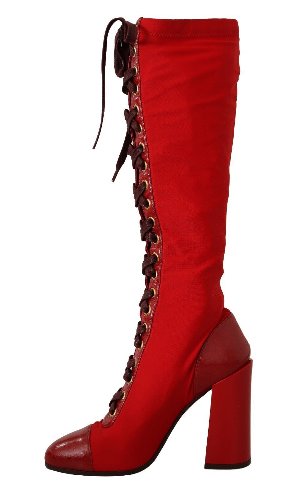 Red Lace-Up Knee High Leather Boots