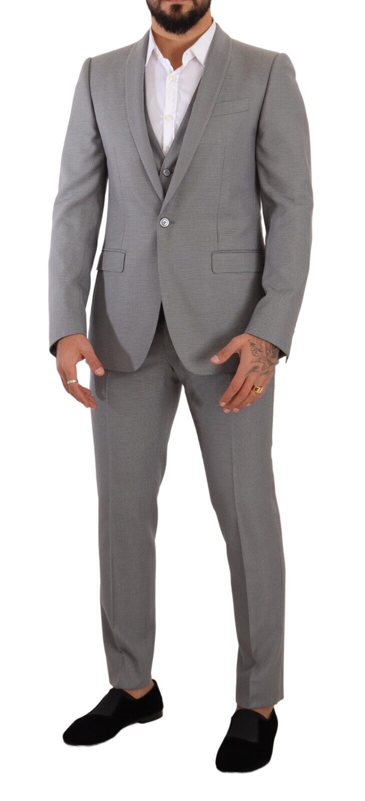 Elegant Grey Slim Fit Wool Silk 3 Piece Suit