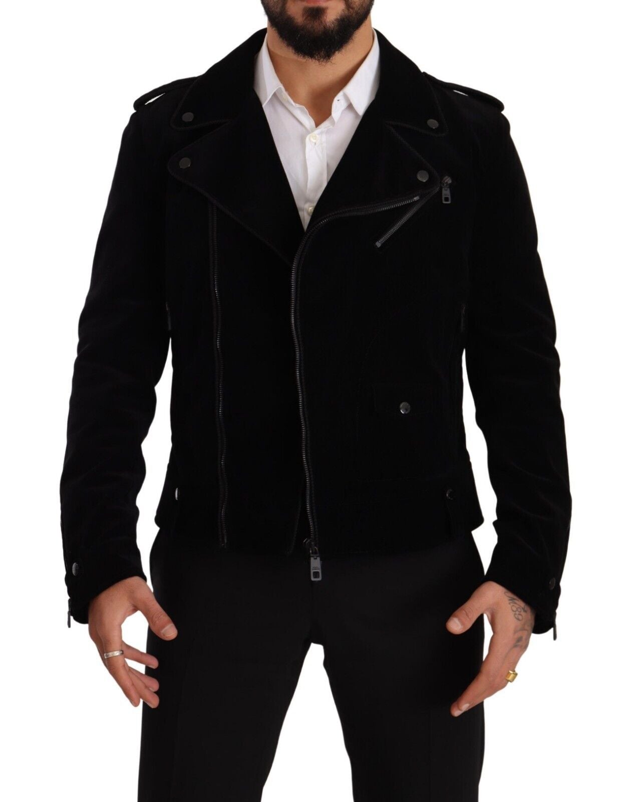 Sleek Black Cotton Biker Jacket