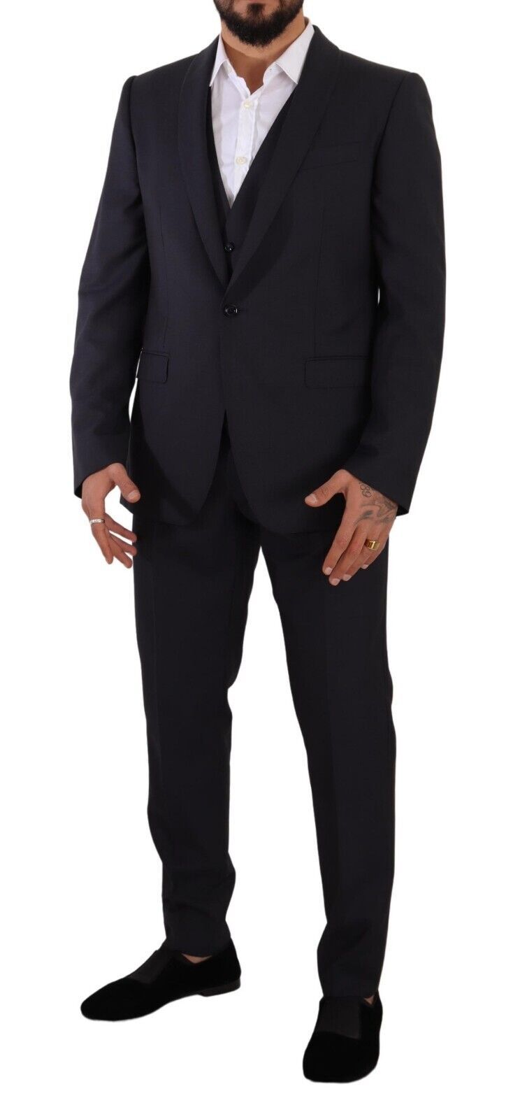 Elegant Navy Blue Wool Silk Men's Martini Suit