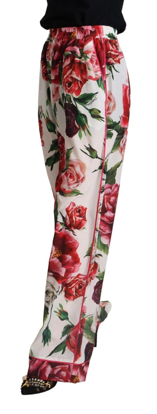 White Floral Print Mid Waist Wide Leg Pants