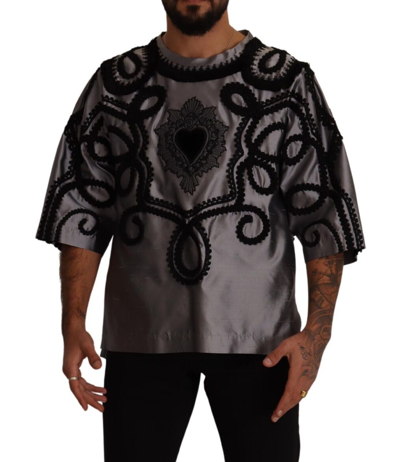 Silk Crew Neck Tee with Sacred Heart Embroidery