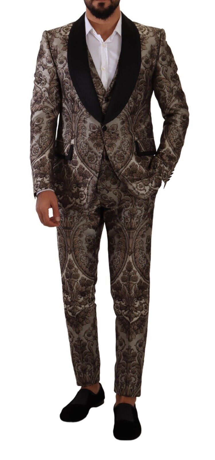 Elegant Brown Gray Jacquard Men's Suit