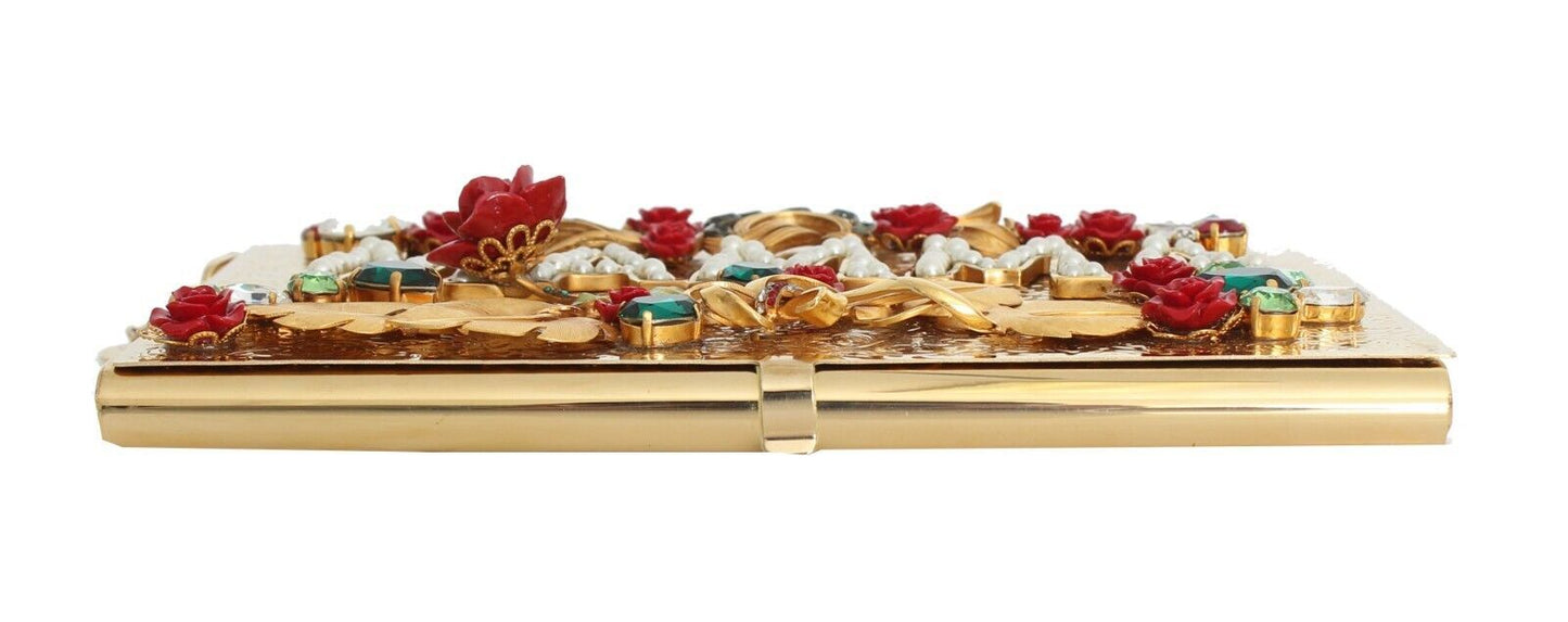 Elegant Gold Evening Box Clutch with Red Roses