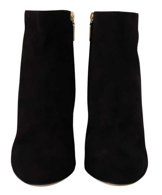 Black Suede Leather Crystal Heels Boots Shoes