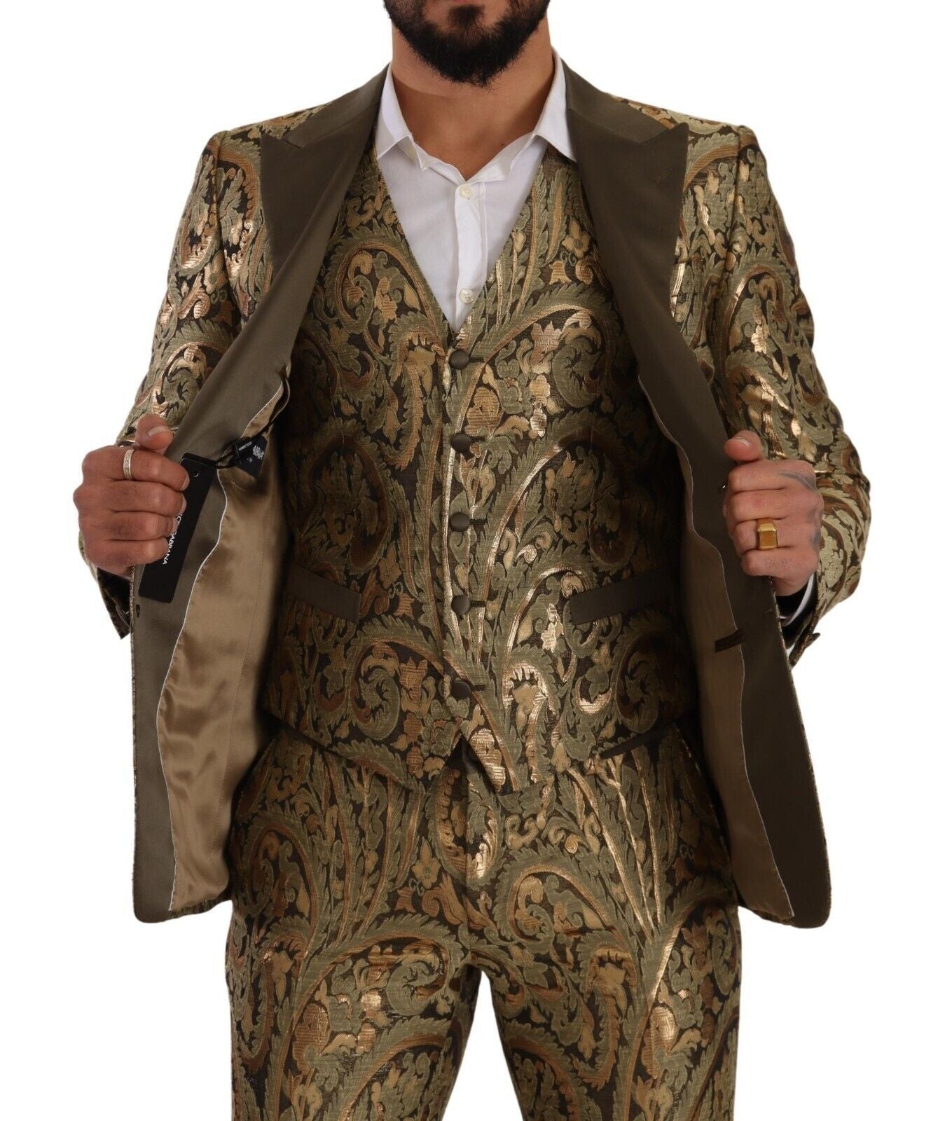 Elegant Brocade Three-Piece Slim Fit Suit