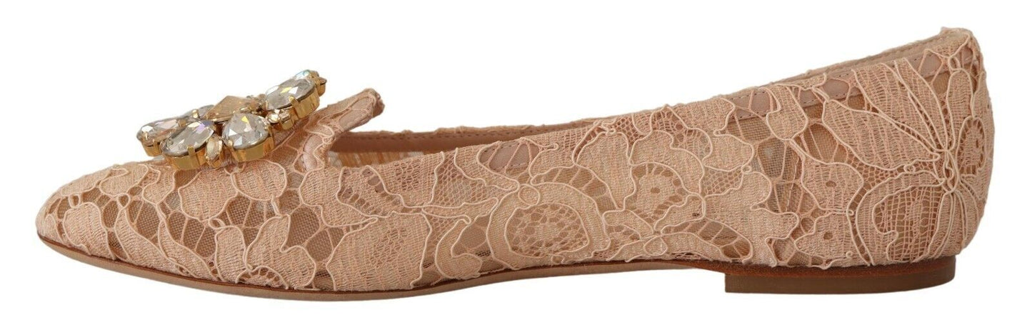 Elegant Beige Lace Ballet Flats with Crystal Buckle