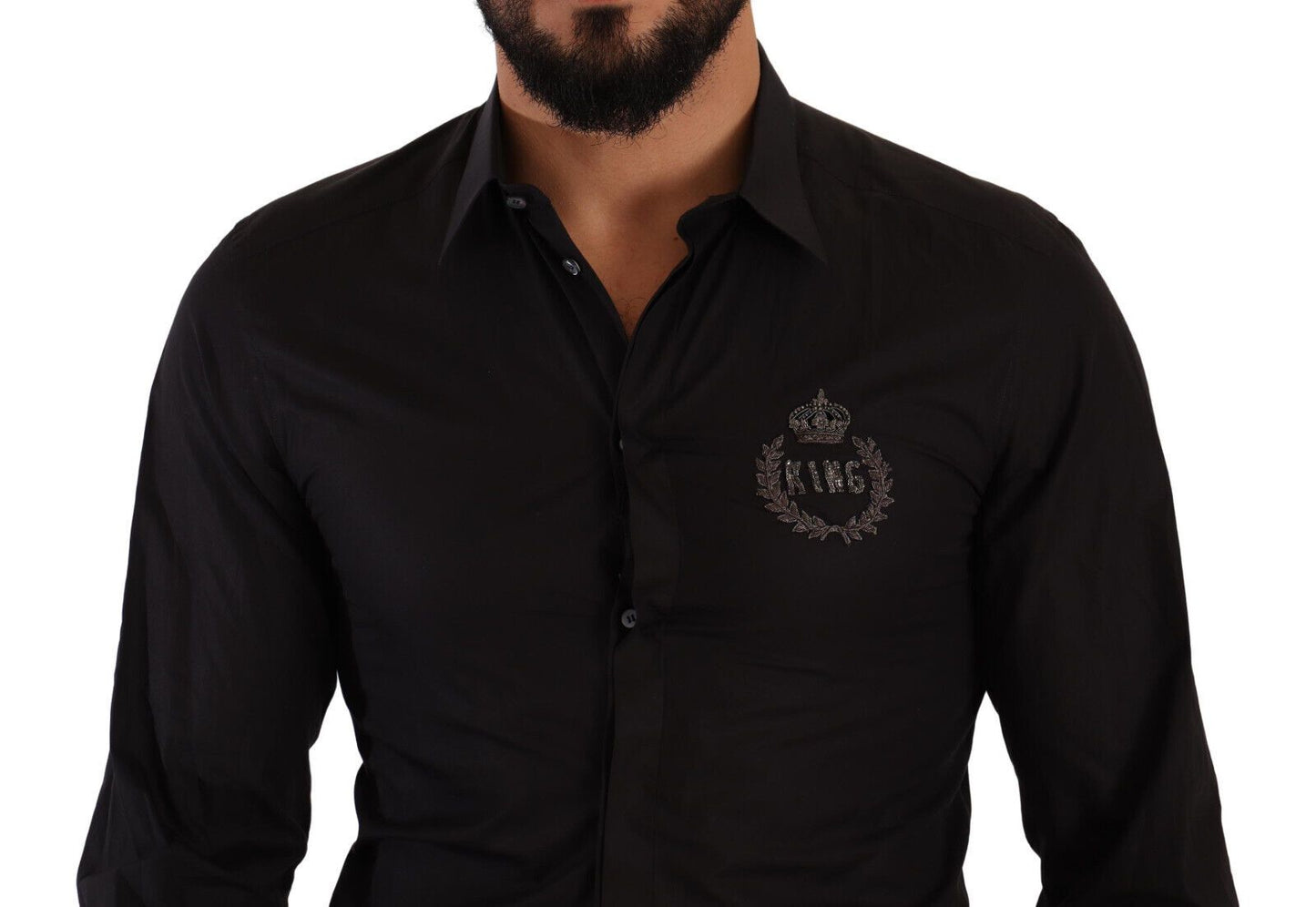 Elegant Black Cotton Dress Shirt with Embroidery