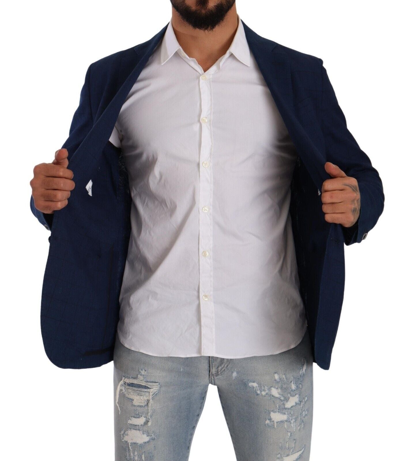 Navy Blue Check Single Breasted Blazer