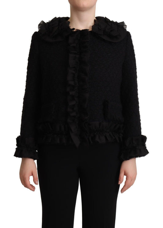 Elegant Ruffled Wool-Silk Long Sleeve Jacket