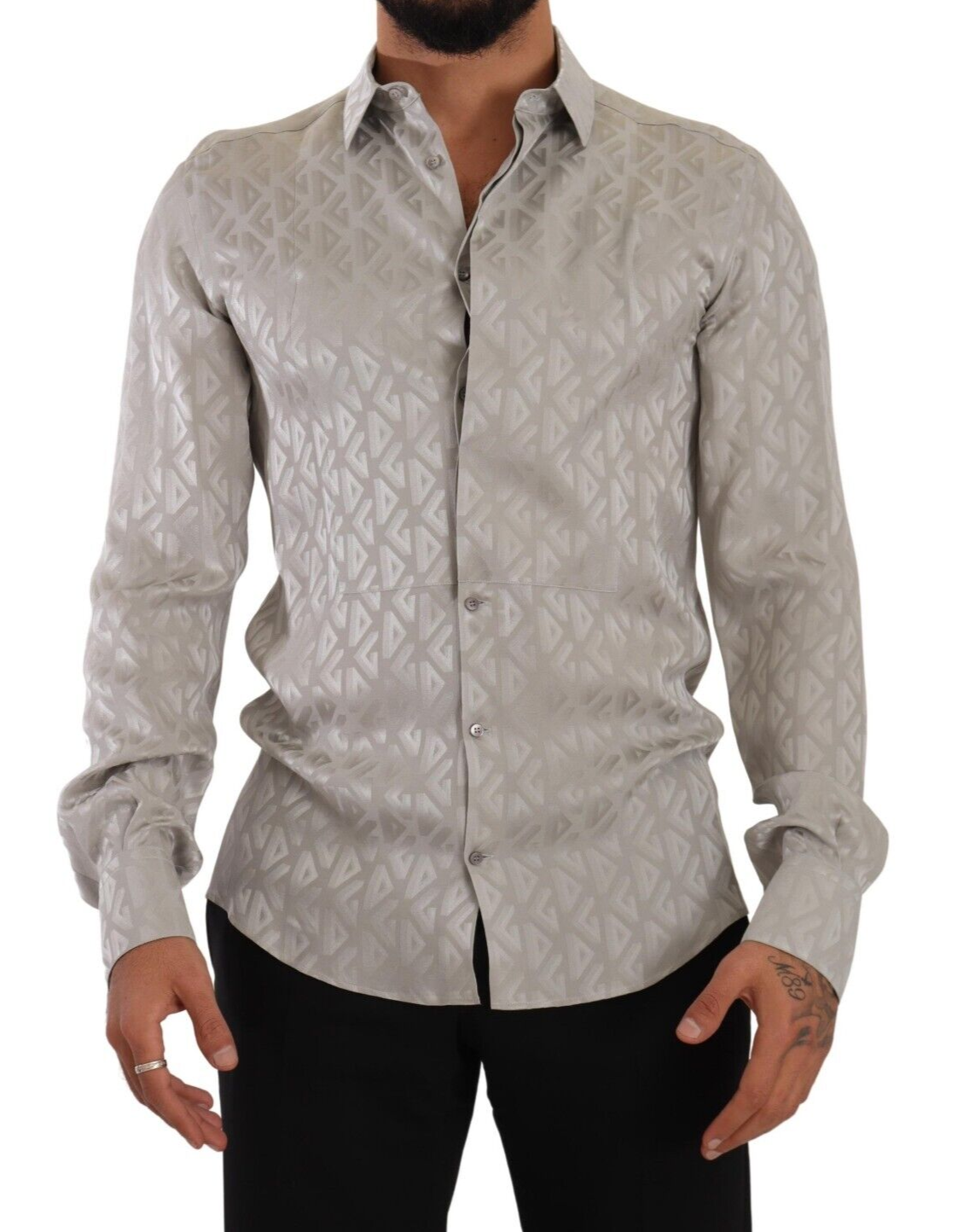 Sleek Metallic Grey Silk Dress Shirt