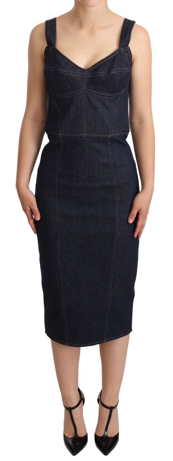 Elegant Dark Blue Denim Midi Sheath Dress