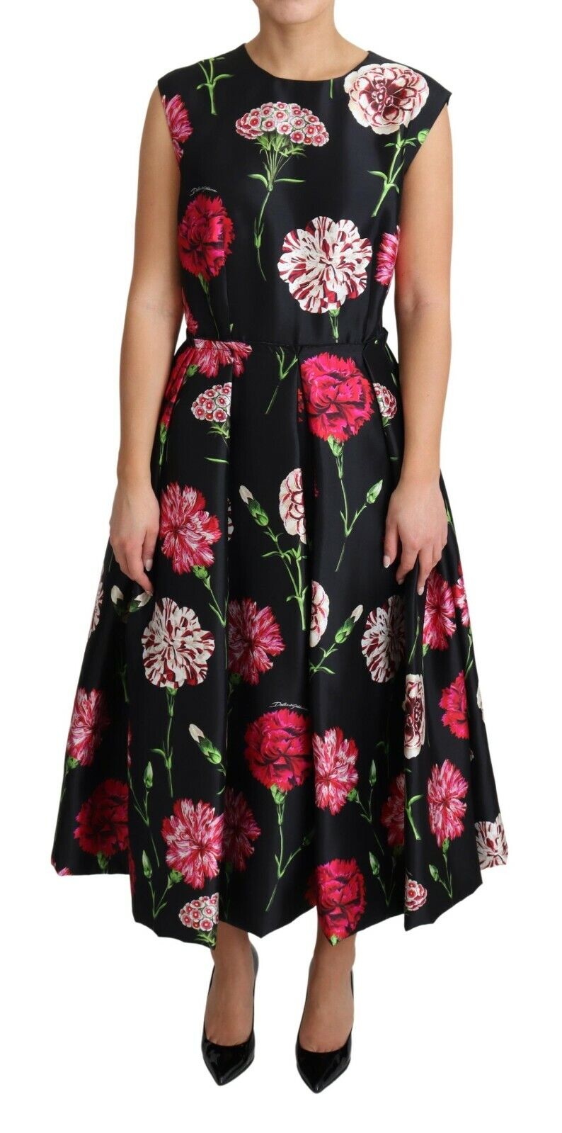 Elegant Black Silk Midi Floral Dress