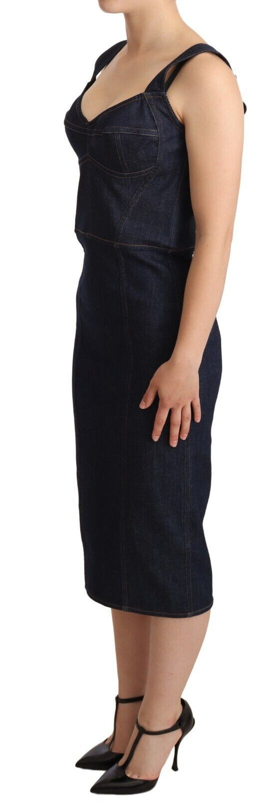 Elegant Dark Blue Denim Midi Sheath Dress