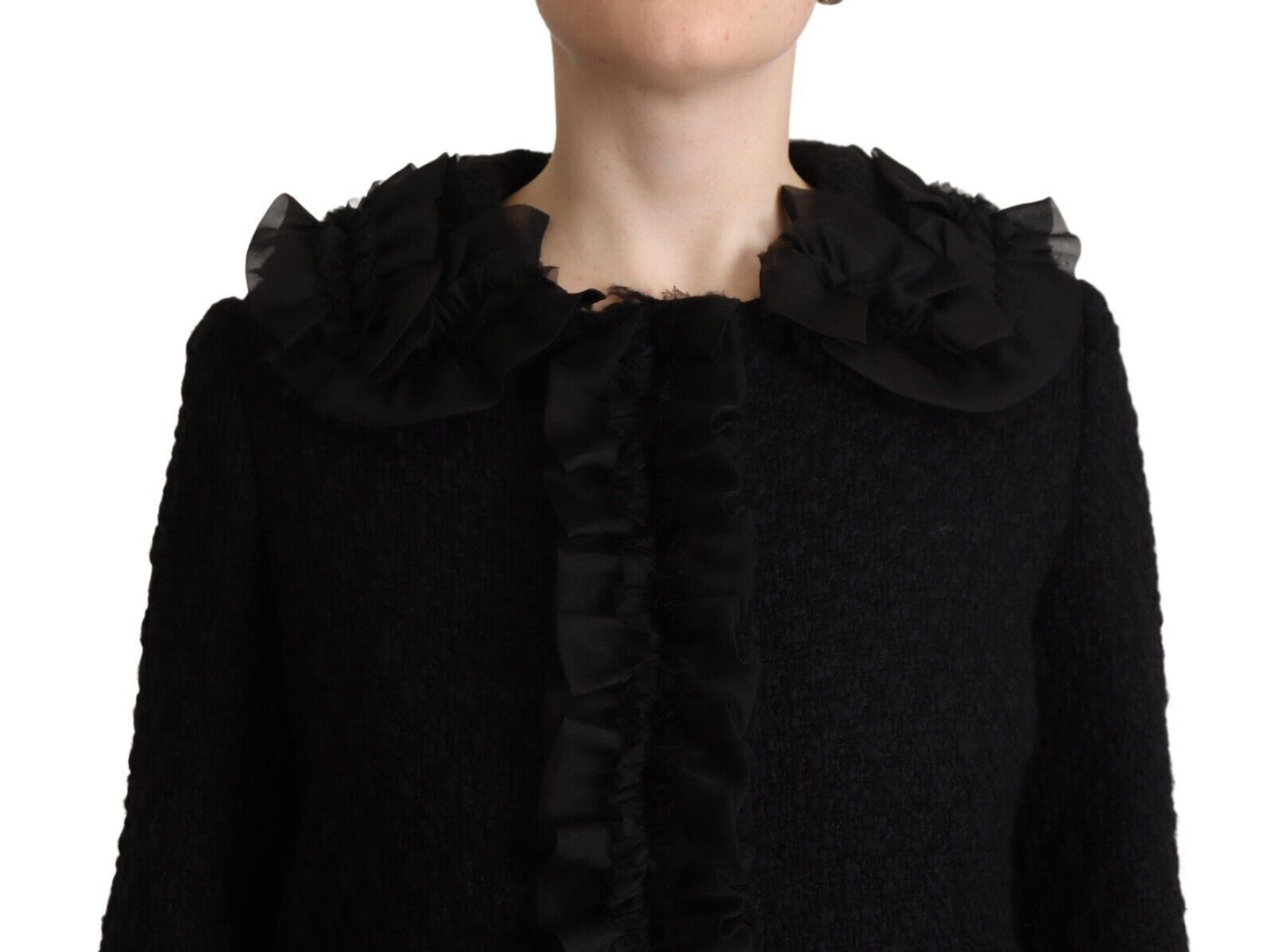 Elegant Ruffled Wool-Silk Long Sleeve Jacket