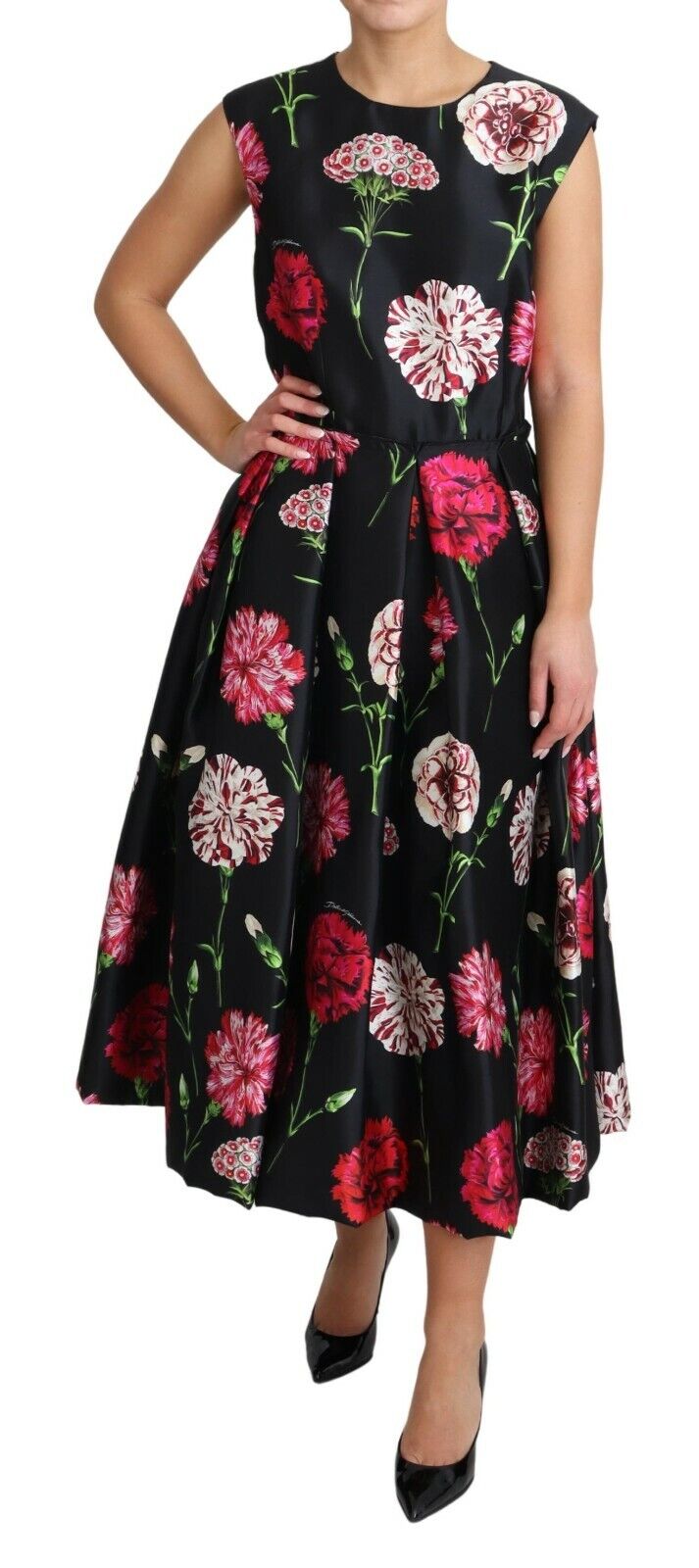 Elegant Black Silk Midi Floral Dress