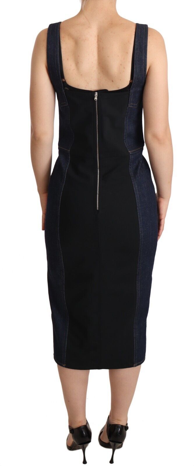 Elegant Dark Blue Denim Midi Sheath Dress