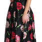 Elegant Black Silk Midi Floral Dress