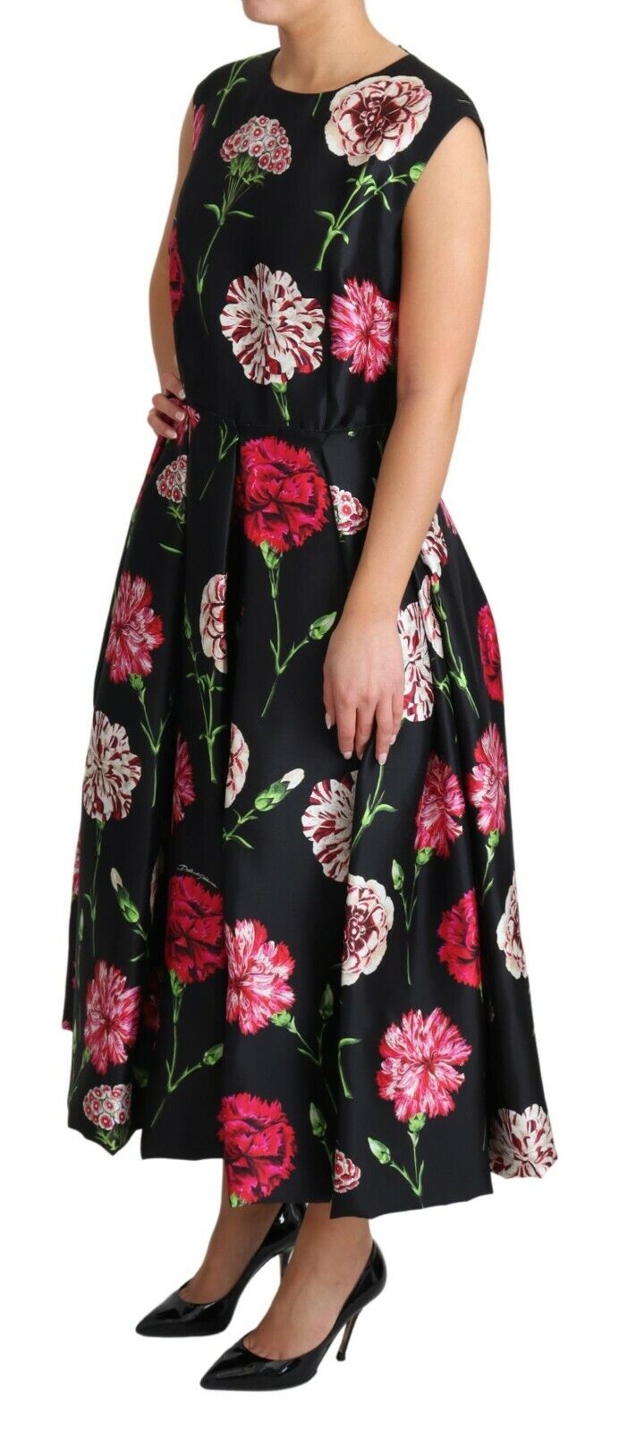 Elegant Black Silk Midi Floral Dress