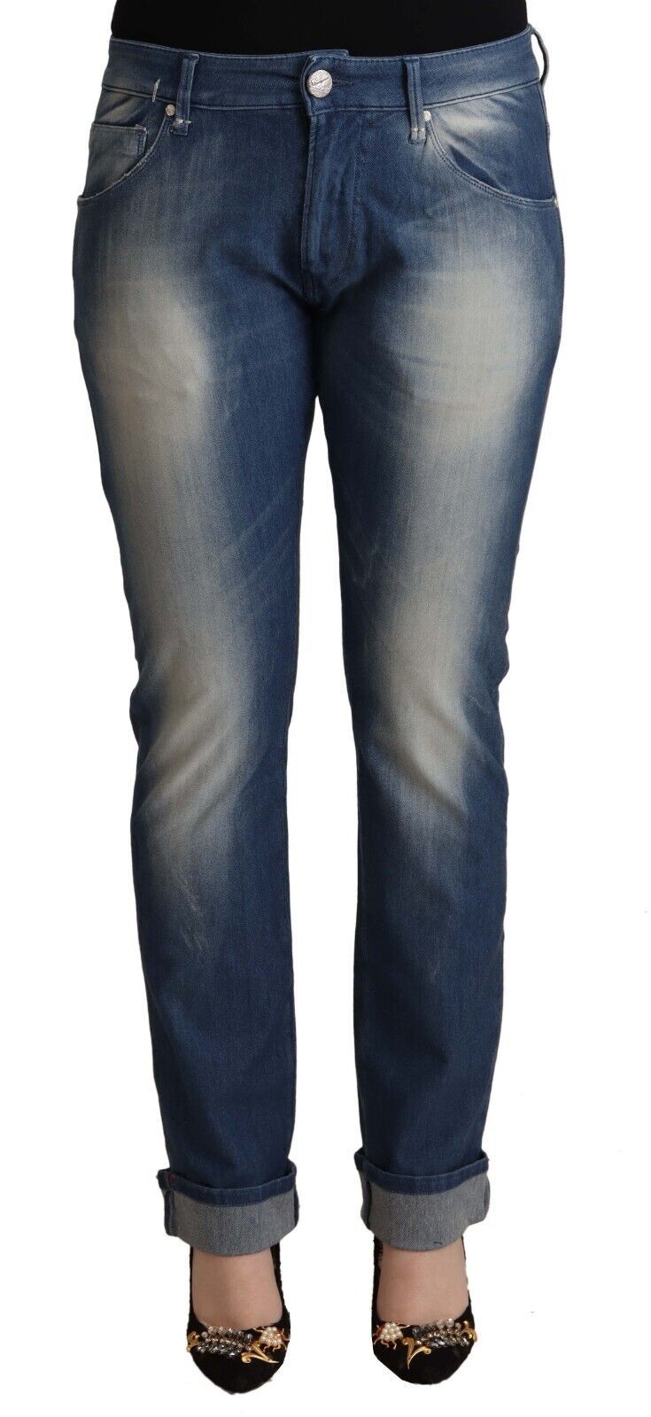 Blue Washed Mid Waist Folded Hem Skinny Jeans