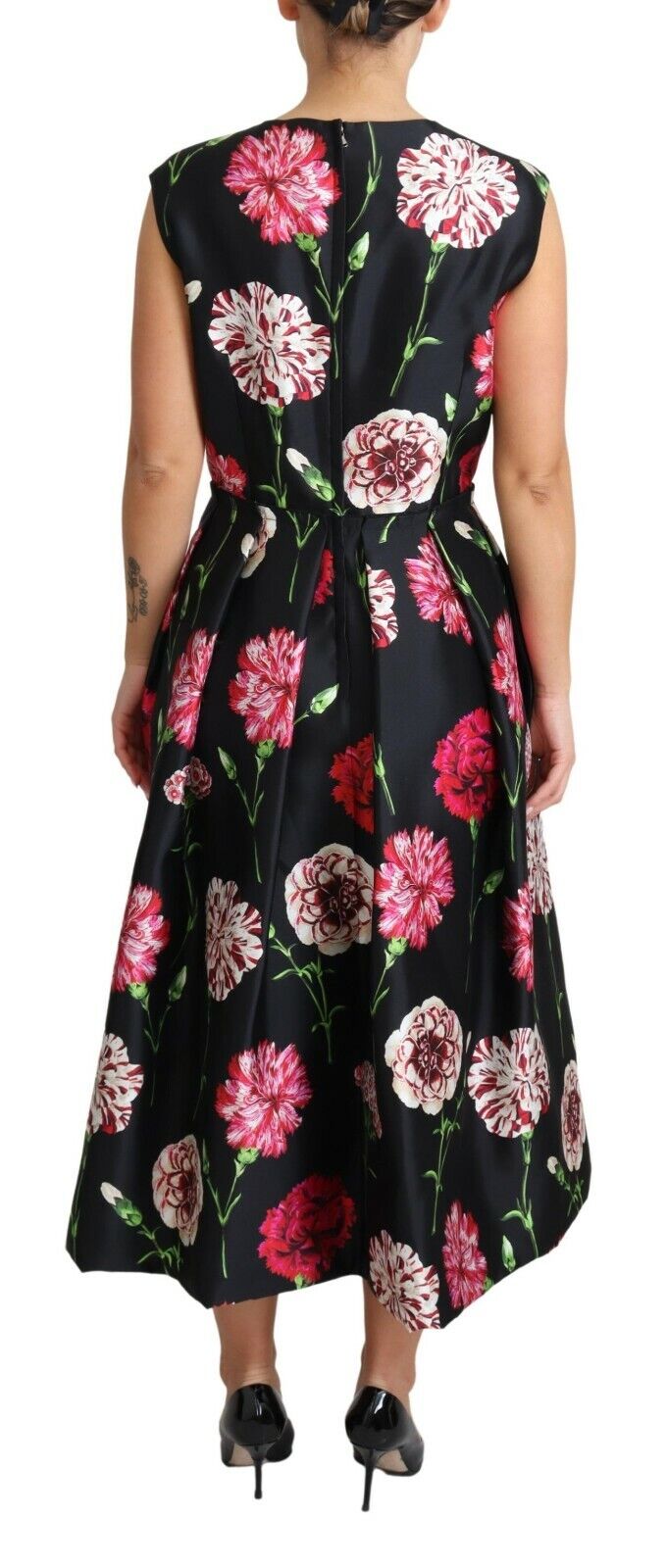 Elegant Black Silk Midi Floral Dress