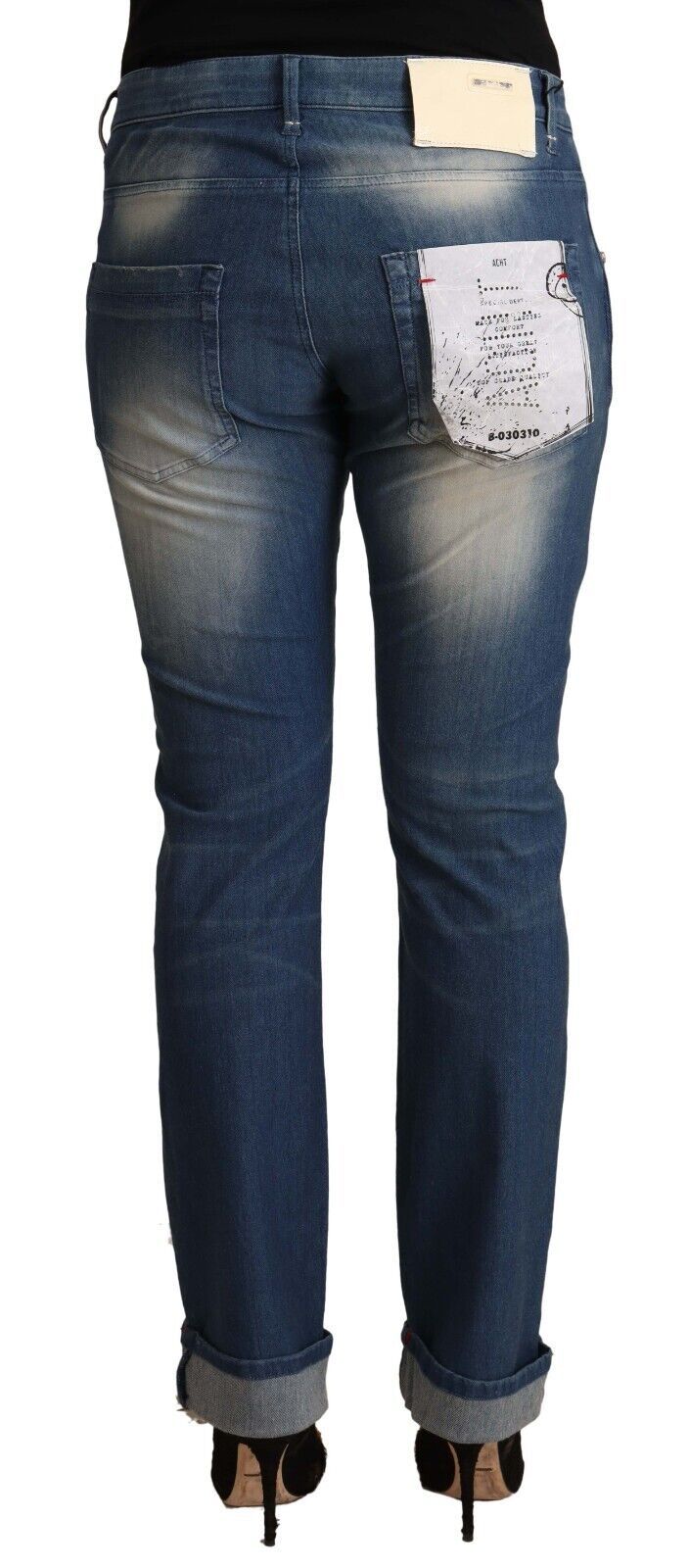 Blue Washed Mid Waist Folded Hem Skinny Jeans