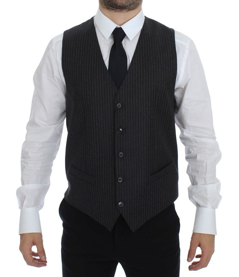 Gray Striped Wool Single Breasted Vest