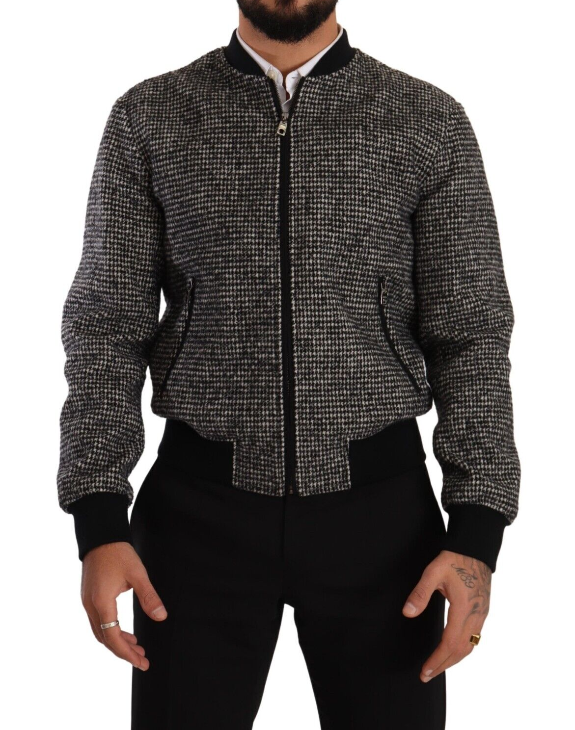 Elegant Houndstooth Bomber Jacket