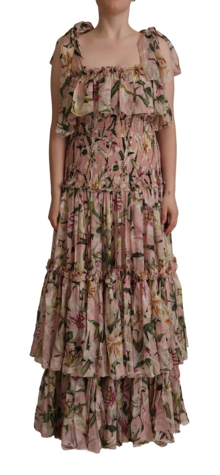 Elegant Pink Floral Ruched Silk Long Dress