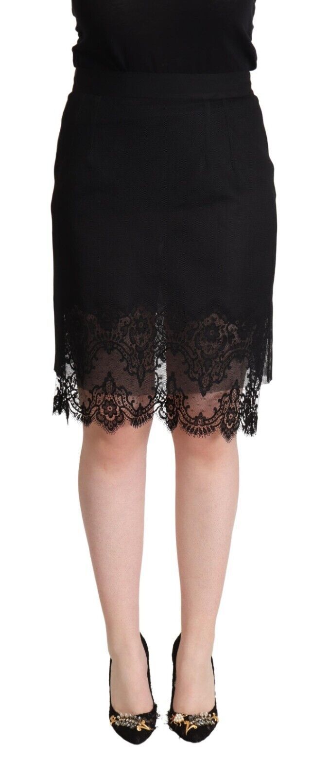 Elegant Floral Lace Pencil Skirt in Black