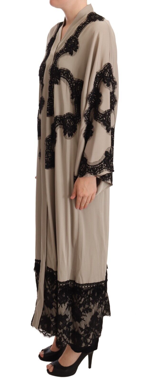 Elegant Beige Embroidered Lace Kaftan Dress