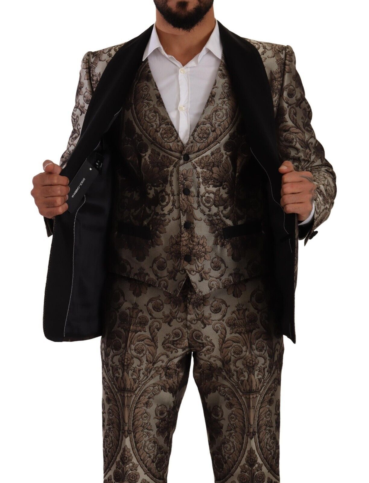 Elegant Brown Gray Jacquard Men's Suit