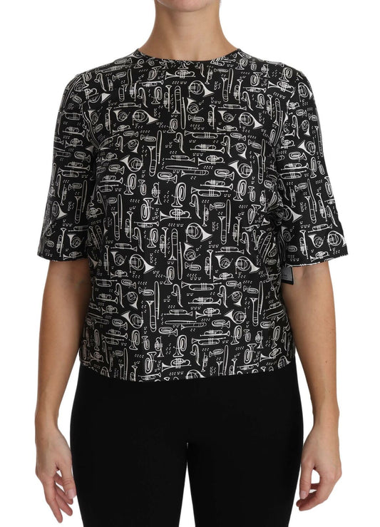 Black Musical Instruments Print Silk Blouse