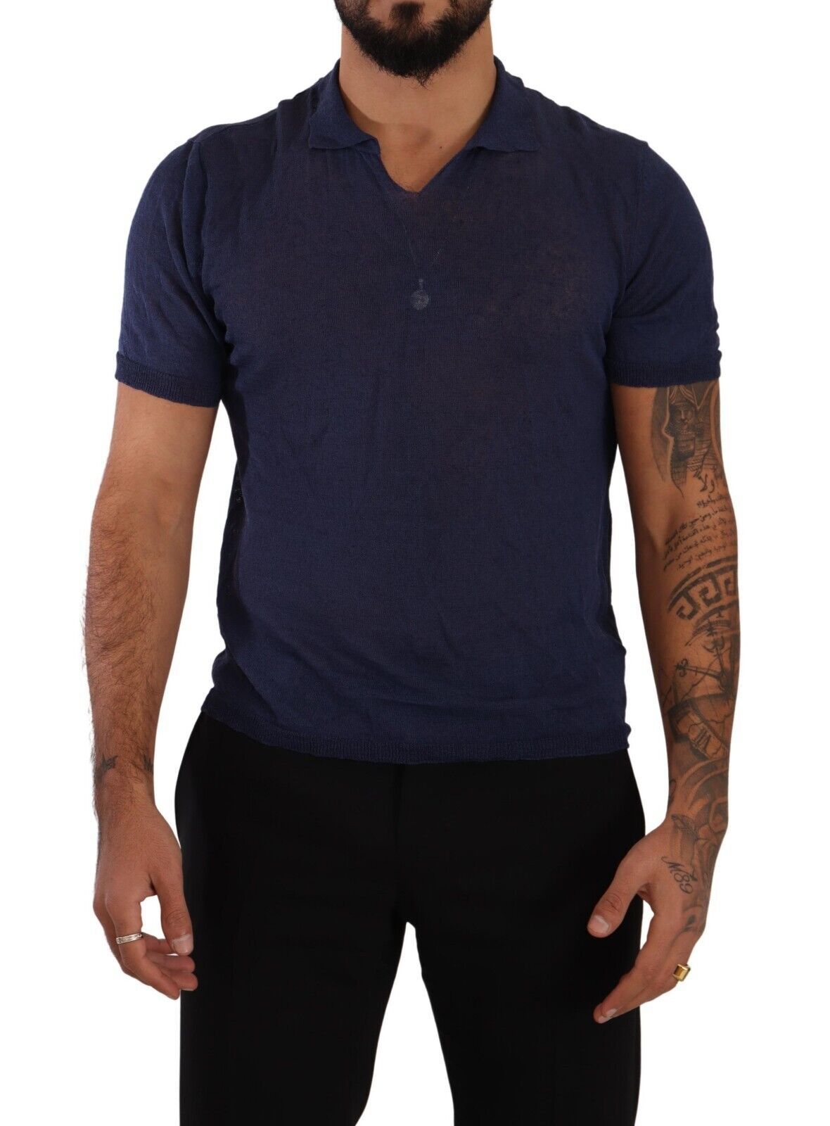 Navy Linen Blend Collared T-Shirt