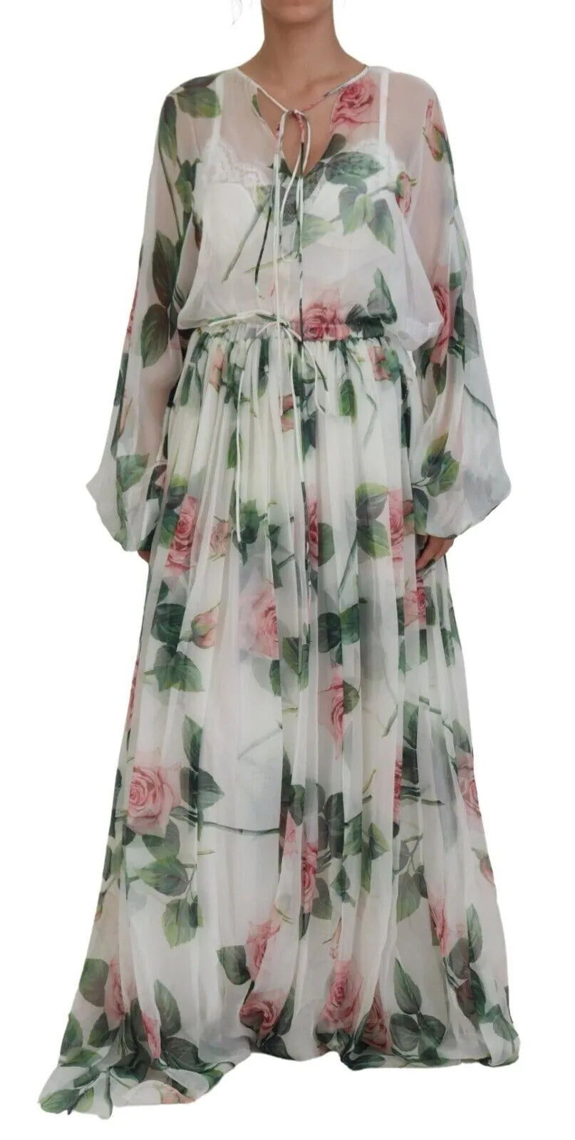 White Floral Roses Silk Maxi Gown Dress