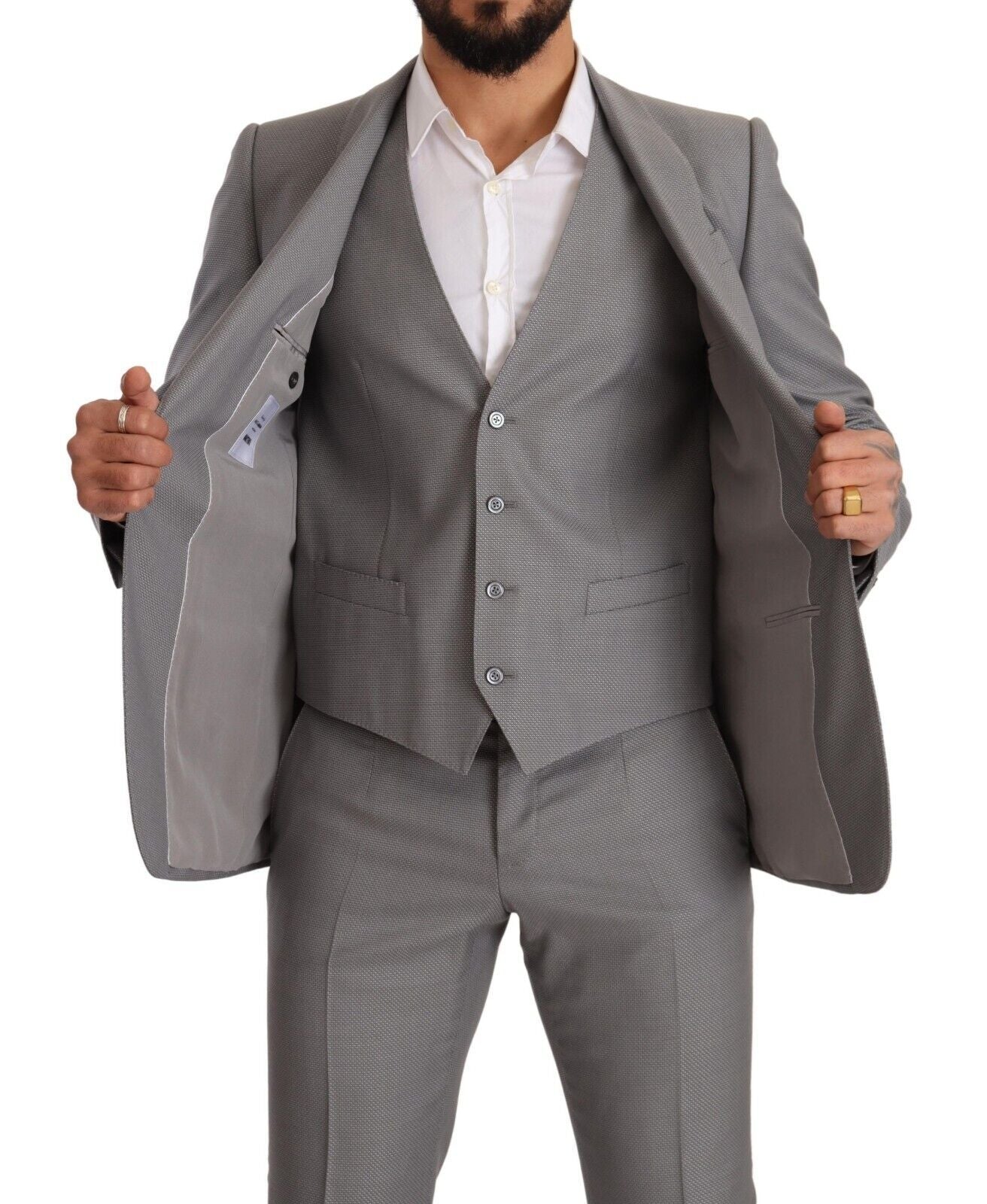 Elegant Grey Slim Fit Wool Silk 3 Piece Suit