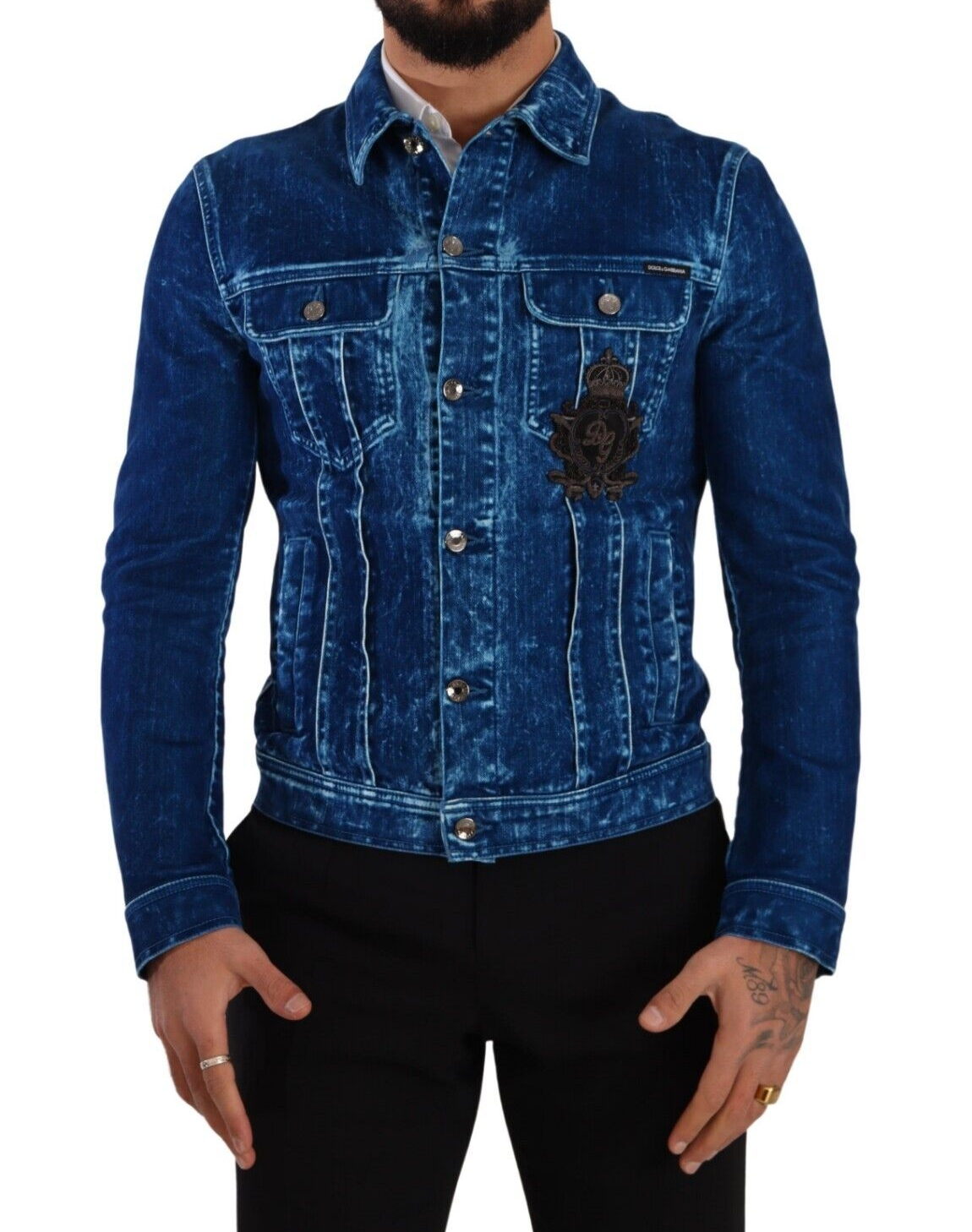 Elegant Denim Jacket with Crown Embroidery