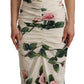 White Roses Print Stretch Silk Pleated Dress