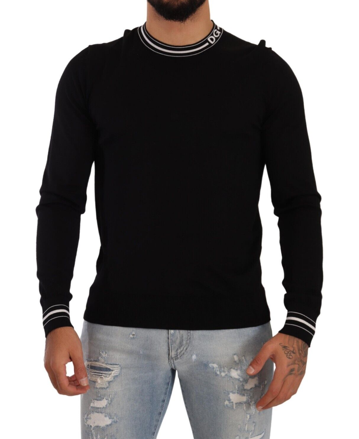 Sleek Black Virgin Wool Pullover Sweater