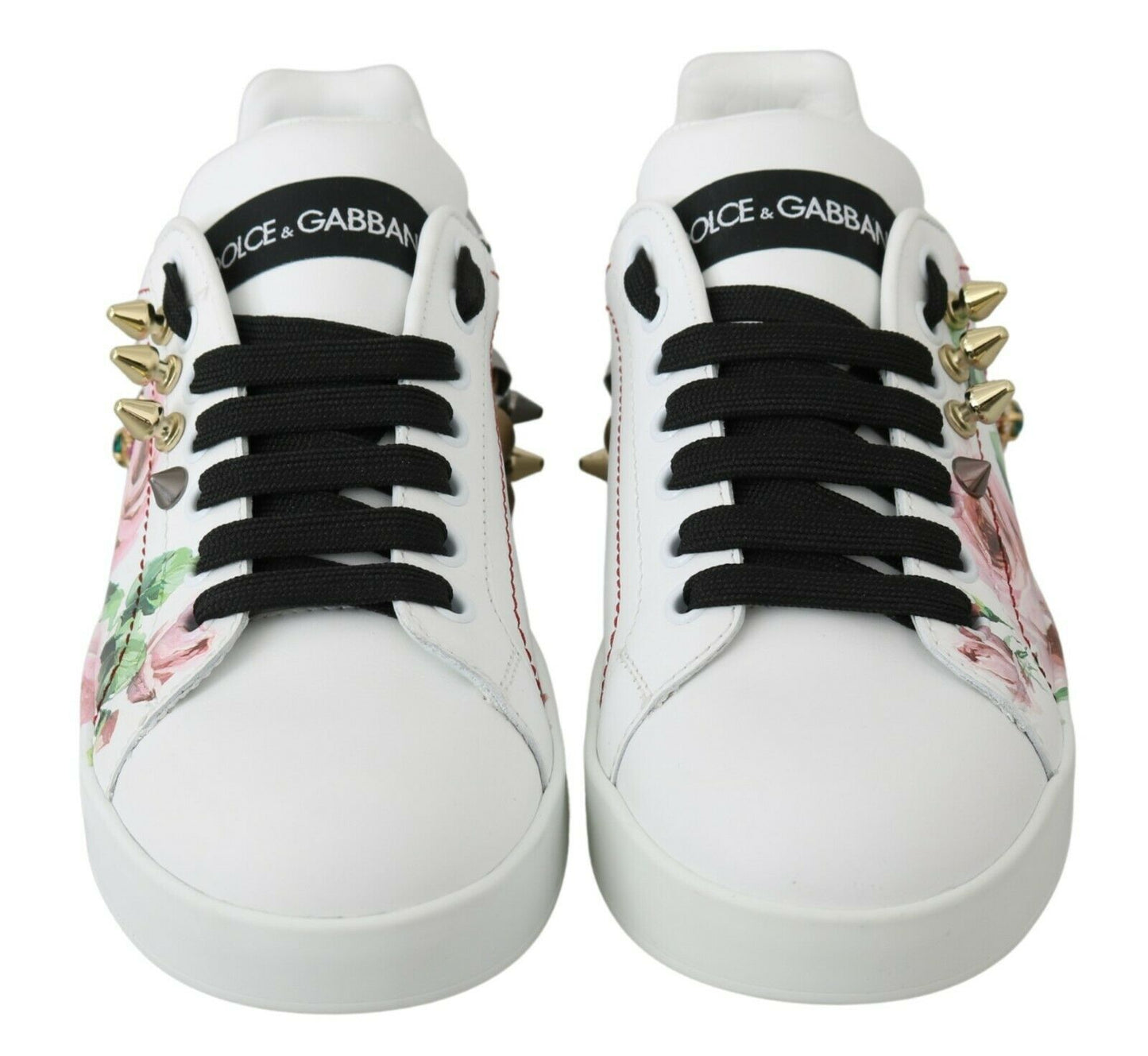 White Leather Crystal Roses Floral Sneakers Shoes