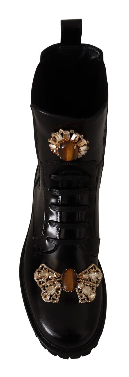 Crystal-Embellished Mid-Calf Combat Boots