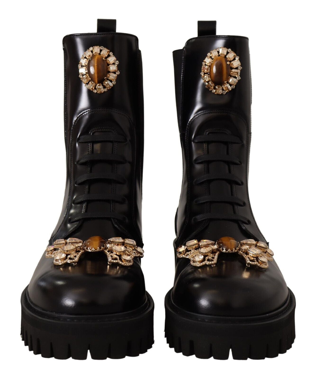 Crystal-Embellished Mid-Calf Combat Boots