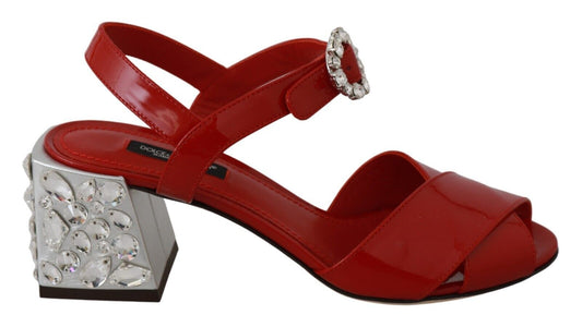 Red Leather Crystal Heels Sandals