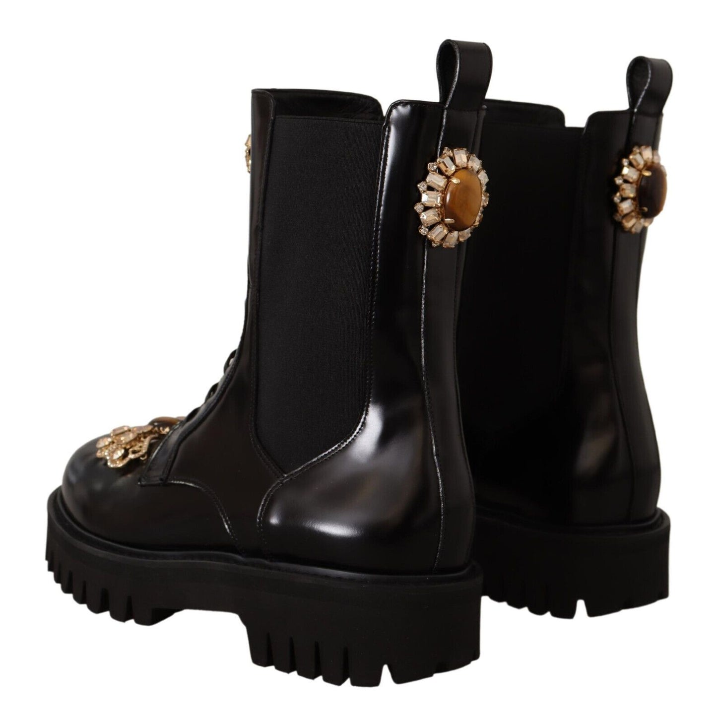 Crystal-Embellished Mid-Calf Combat Boots